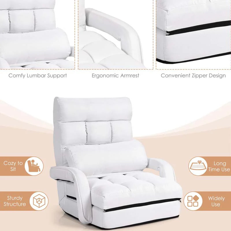 Folding Lazy Sofa Floor Chair with 6-Position Adjustable Backrest, Lumbar Pillow & Armrests - Product image 6