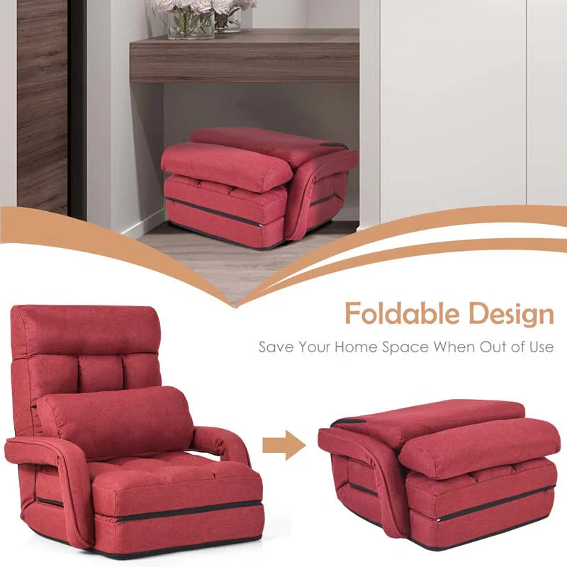 Folding Lazy Sofa Floor Chair with 6-Position Adjustable Backrest, Lumbar Pillow & Armrests - Product image 24