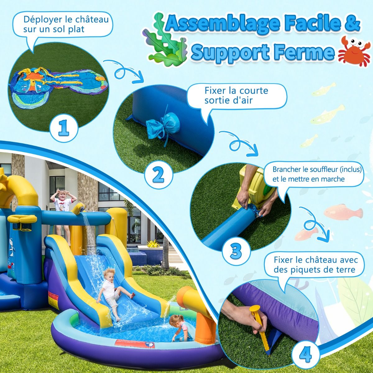 6 in 1 Ocean Bouncy Castle with 680W Blower Water Slide & 2 Pools Inflatable Bounce House Load 90kg -