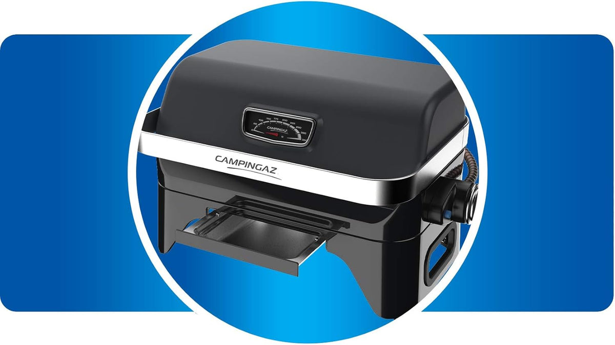 Attitude2go, Low Smoke Tabletop Barbecue, Portable BBQ, with Lid, Thermometer, and Cast Iron Grill, Power Supply: CV 470 Plus Gas Cartridge, Gray