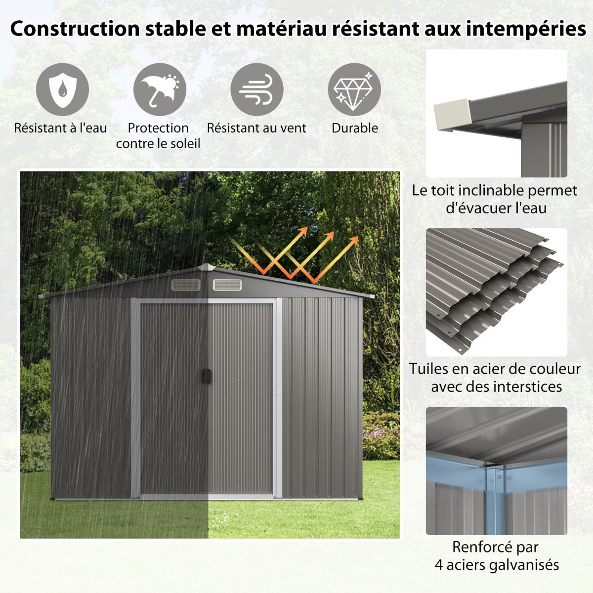 Exterior Metal Garden Shed 9.74m³ Galvanized Steel with Foundation 4 Louvers Double Door and Ramp 260 x 207 x 181 cm Dark Grey/Light Gray -