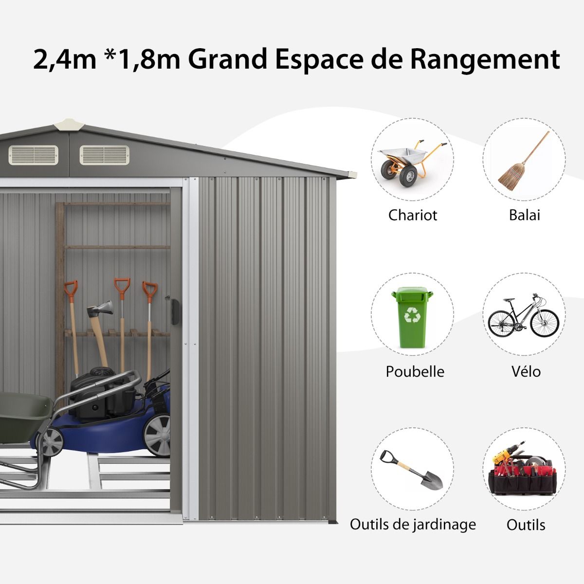 Exterior Metal Garden Shed 9.74m³ Galvanized Steel with Foundation 4 Louvers Double Door and Ramp 260 x 207 x 181 cm Dark Grey/Light Gray -
