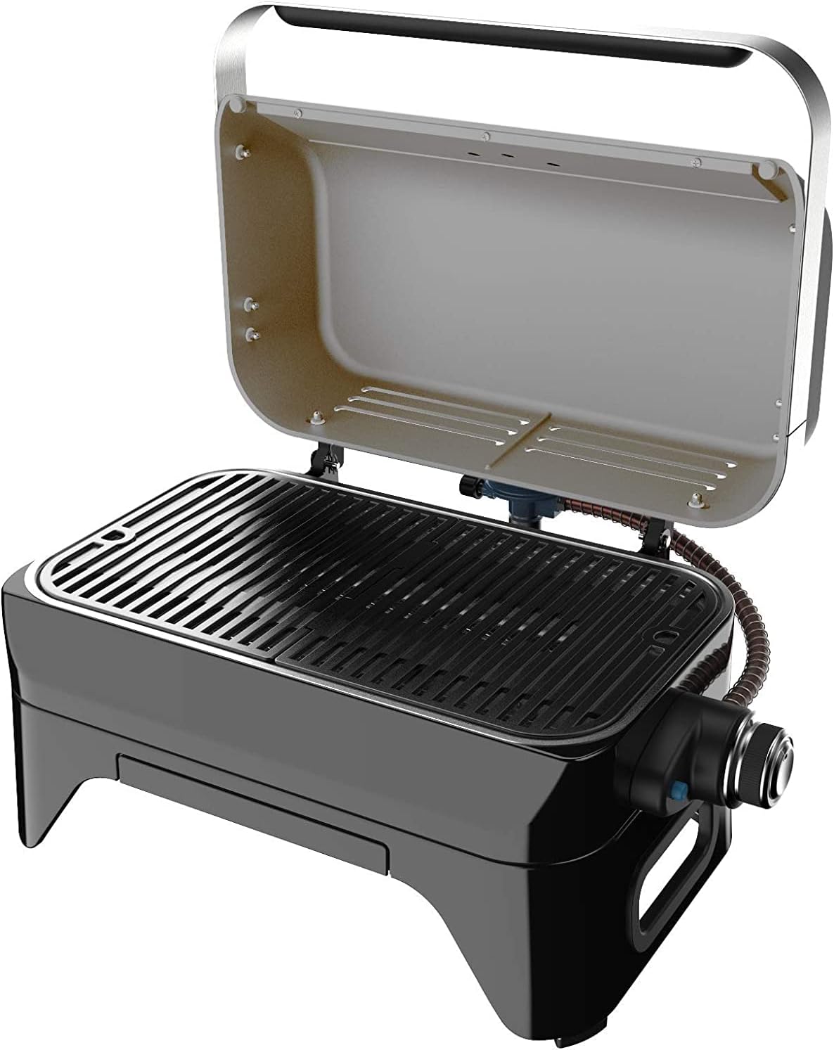 Attitude2go, Low Smoke Tabletop Barbecue, Portable BBQ, with Lid, Thermometer, and Cast Iron Grill, Power Supply: CV 470 Plus Gas Cartridge, Gray