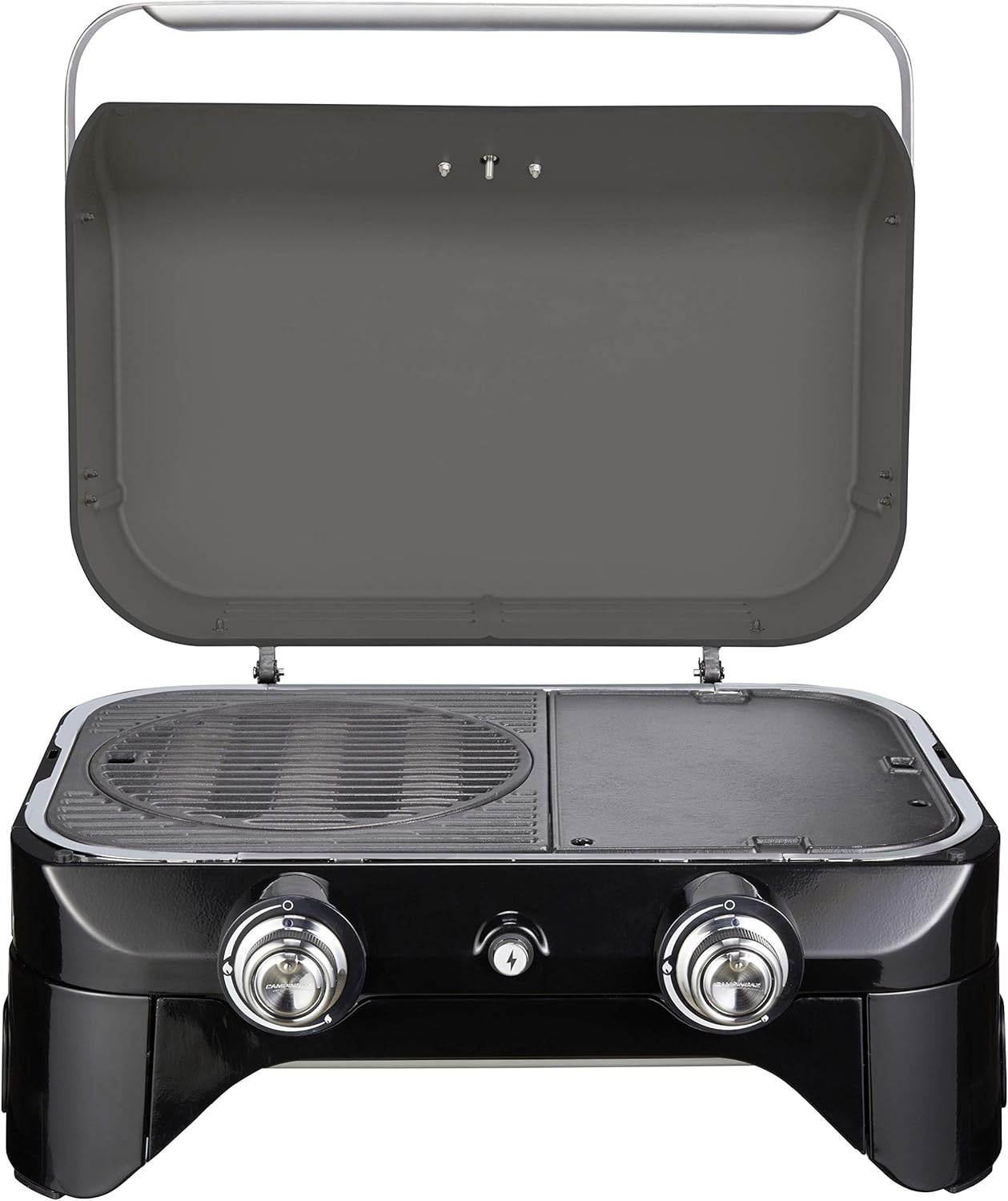 Attitude2go, Low Smoke Tabletop Barbecue, Portable BBQ, with Lid, Thermometer, and Cast Iron Grill, Power Supply: CV 470 Plus Gas Cartridge, Gray