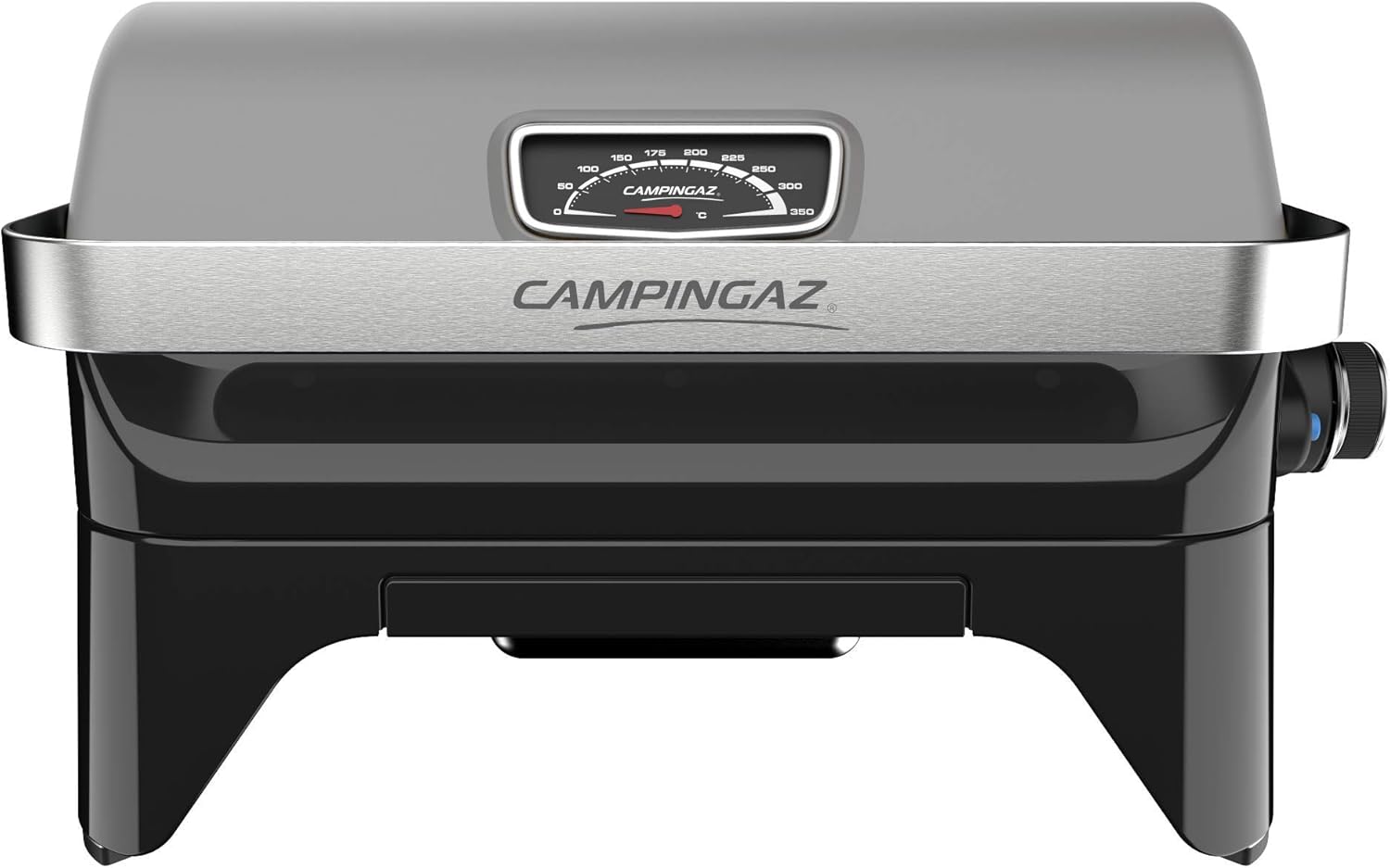 Attitude2go, Low Smoke Tabletop Barbecue, Portable BBQ, with Lid, Thermometer, and Cast Iron Grill, Power Supply: CV 470 Plus Gas Cartridge, Gray