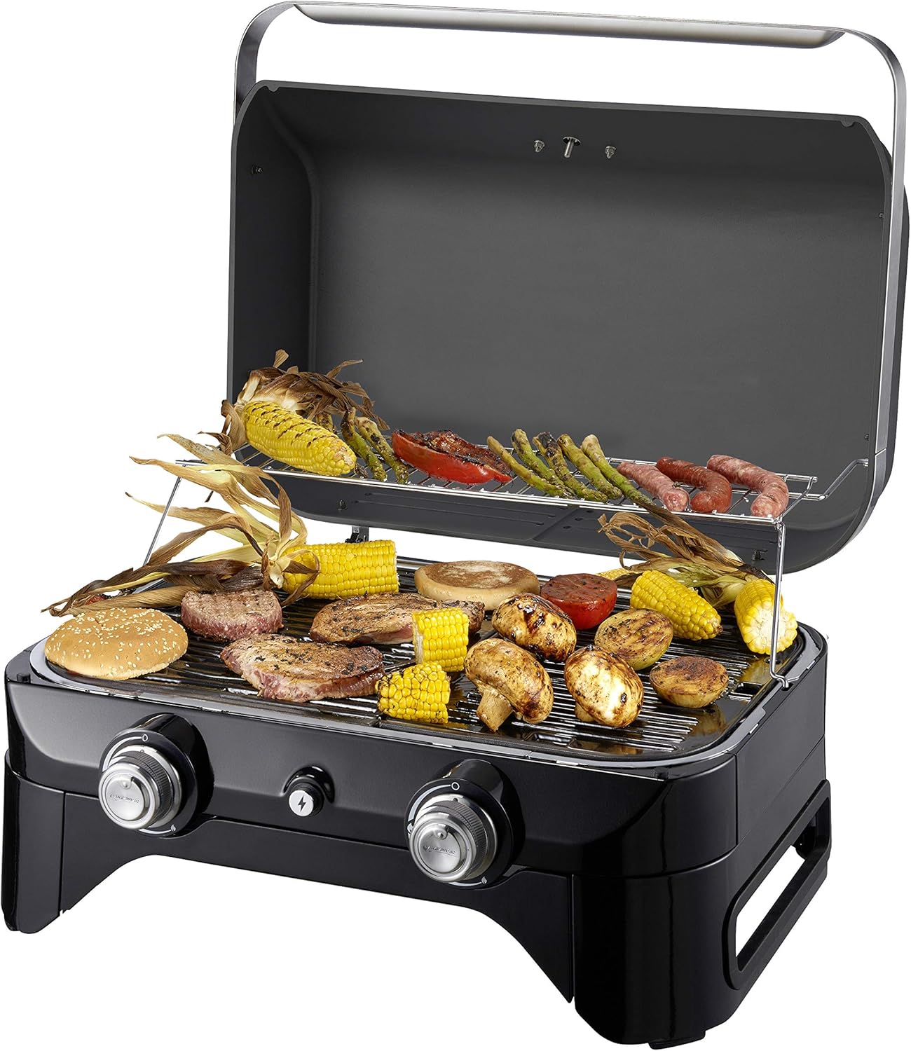 Attitude2go, Low Smoke Tabletop Barbecue, Portable BBQ, with Lid, Thermometer, and Cast Iron Grill, Power Supply: CV 470 Plus Gas Cartridge, Gray