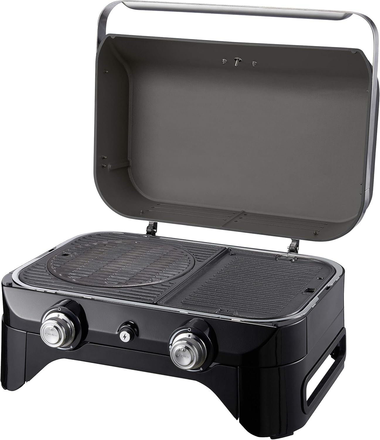 Attitude2go, Low Smoke Tabletop Barbecue, Portable BBQ, with Lid, Thermometer, and Cast Iron Grill, Power Supply: CV 470 Plus Gas Cartridge, Gray