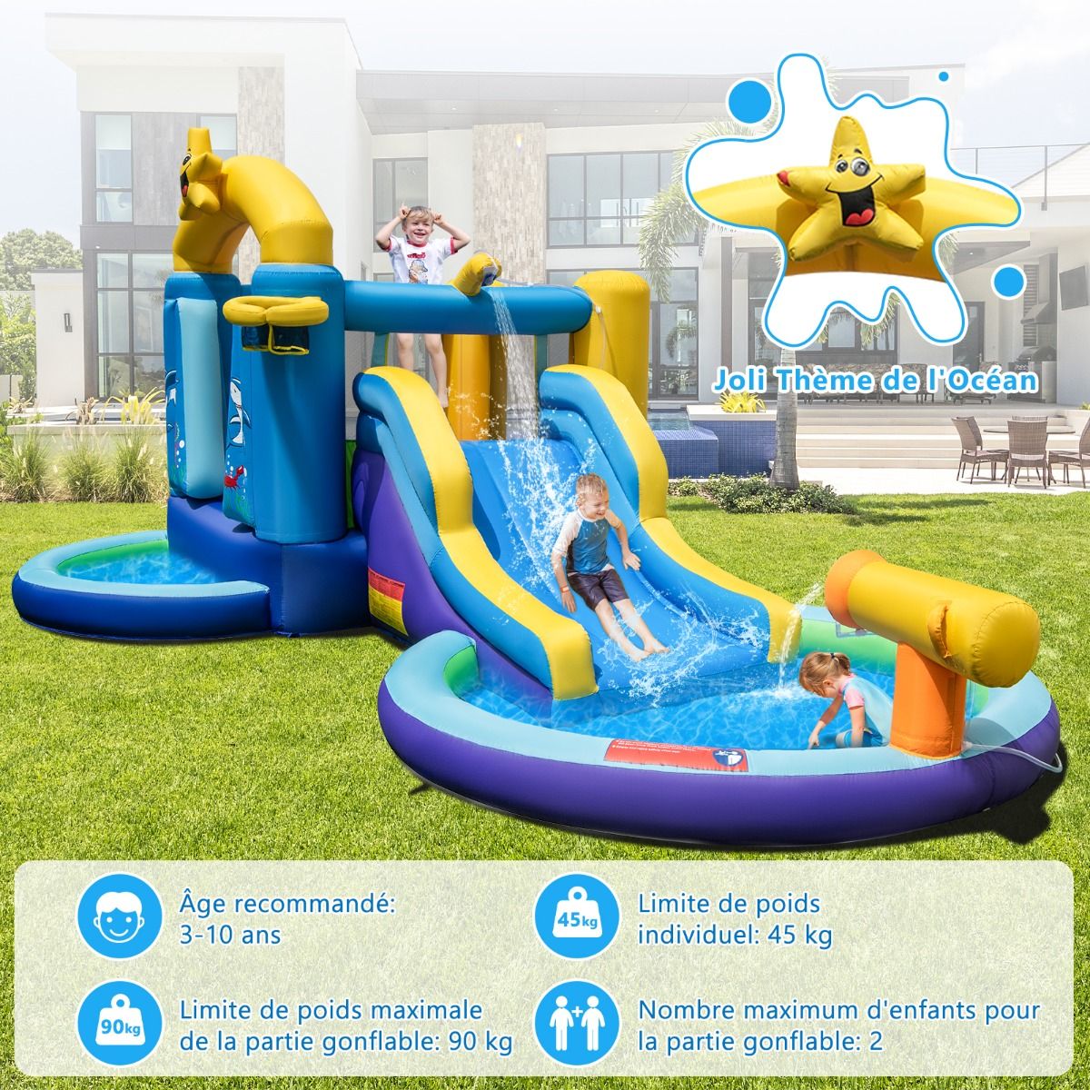 6 in 1 Ocean Bouncy Castle with 680W Blower Water Slide & 2 Pools Inflatable Bounce House Load 90kg -