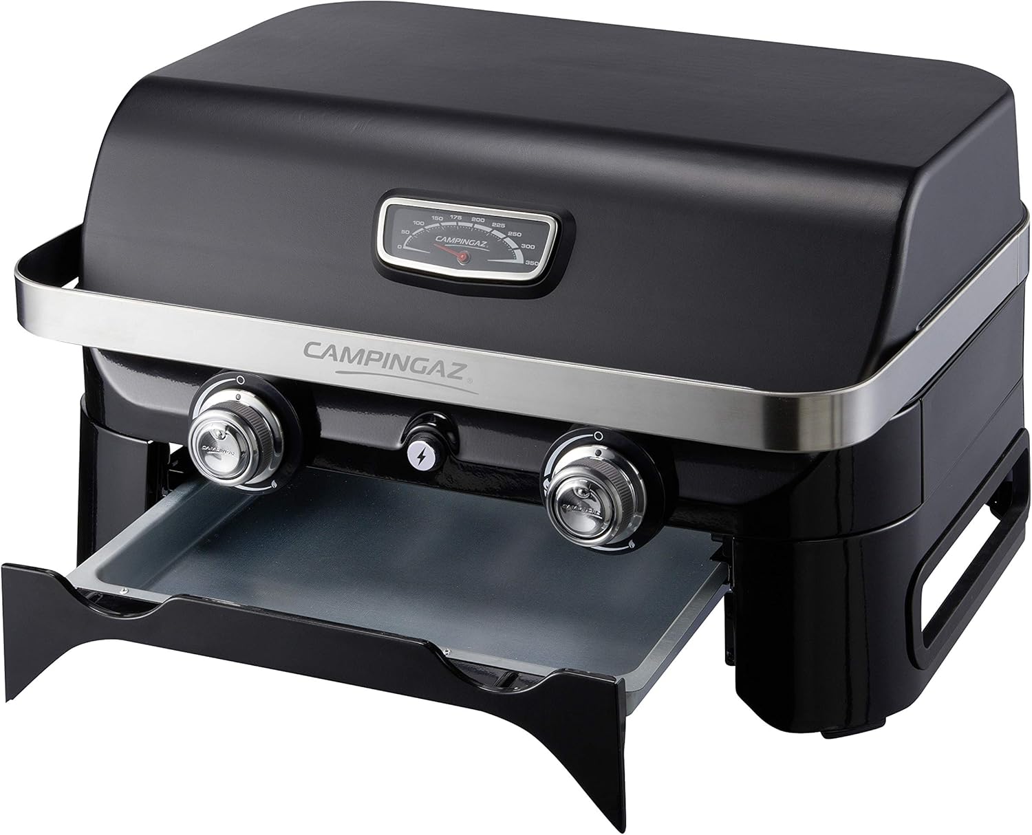 Attitude2go, Low Smoke Tabletop Barbecue, Portable BBQ, with Lid, Thermometer, and Cast Iron Grill, Power Supply: CV 470 Plus Gas Cartridge, Gray