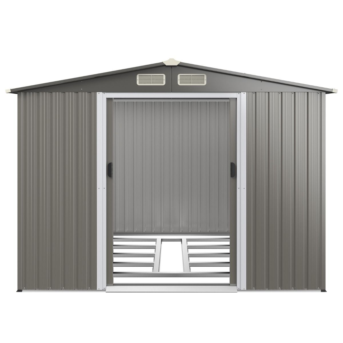 Exterior Metal Garden Shed 9.74m³ Galvanized Steel with Foundation 4 Louvers Double Door and Ramp 260 x 207 x 181 cm Dark Grey/Light Gray -