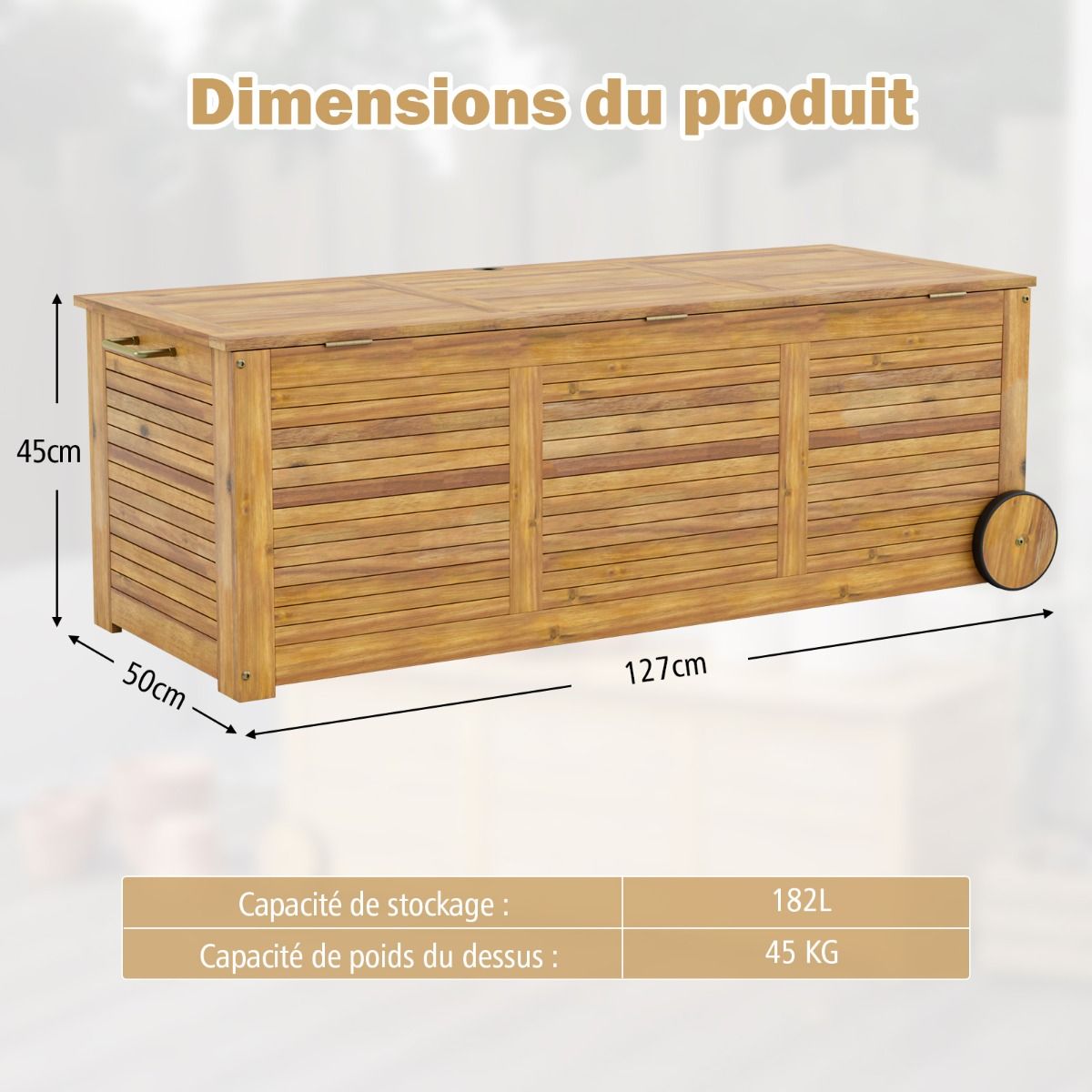 182L Acacia Wood Storage Chest Metal Hinge Outdoor Storage Bench on Wheels for Garden Patio -