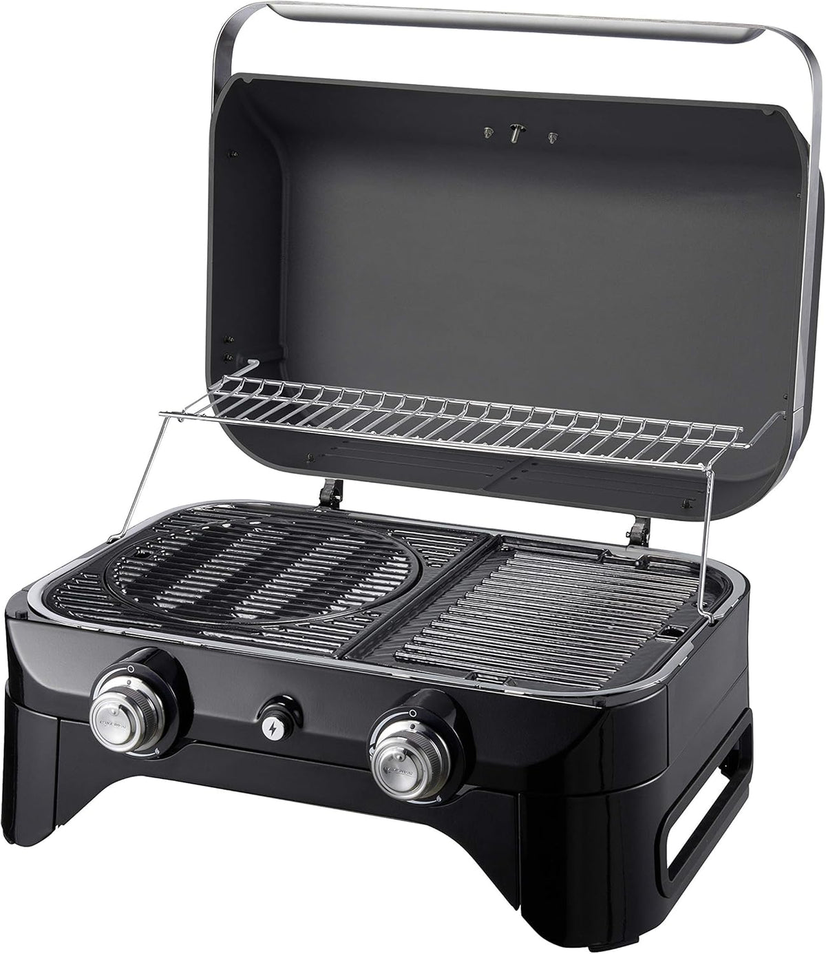 Attitude2go, Low Smoke Tabletop Barbecue, Portable BBQ, with Lid, Thermometer, and Cast Iron Grill, Power Supply: CV 470 Plus Gas Cartridge, Gray