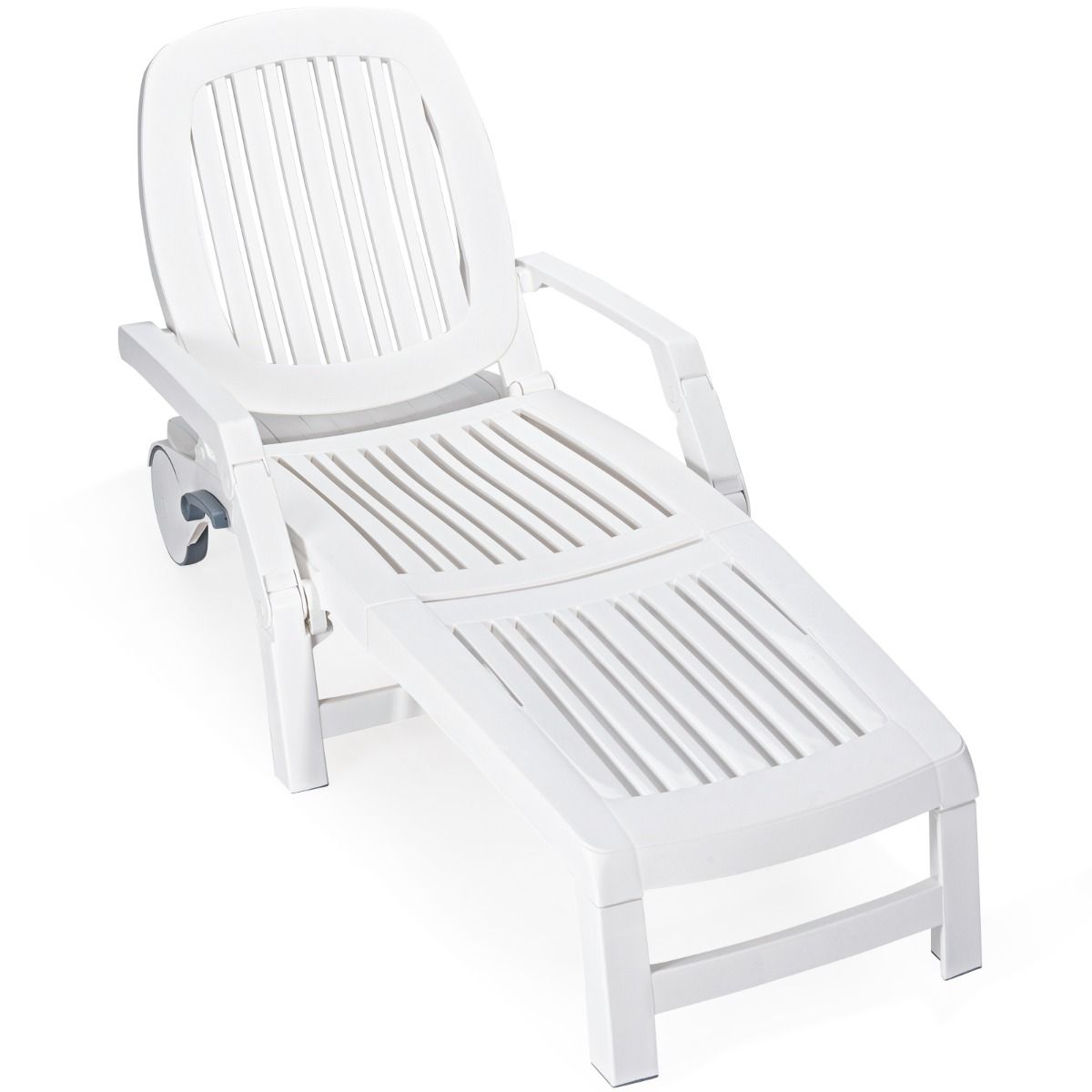 5 Position Adjustable Reclining Deck Chair with Flexible Wheels Camping Relax Armchair with Storage Box Load 150KG White -