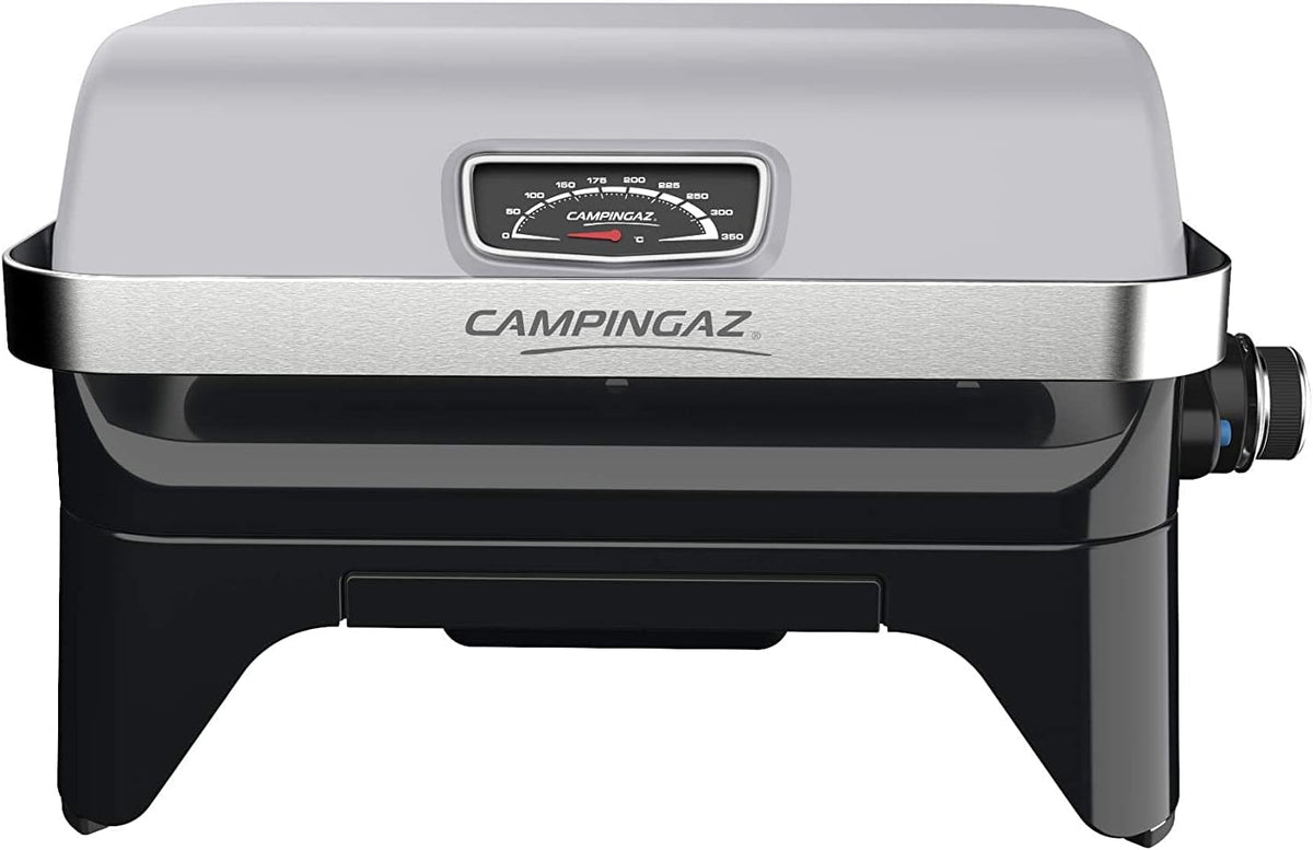 Attitude2go, Low Smoke Tabletop Barbecue, Portable BBQ, with Lid, Thermometer, and Cast Iron Grill, Power Supply: CV 470 Plus Gas Cartridge, Gray
