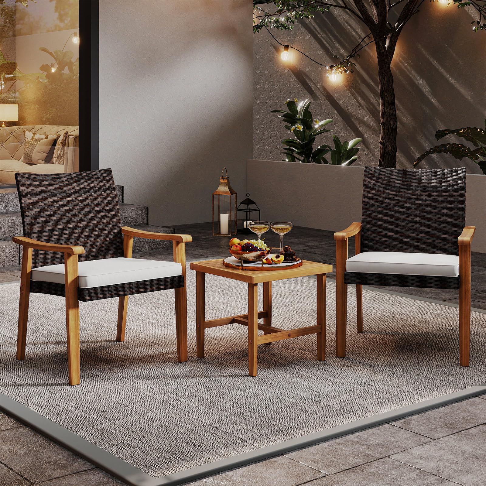 Tangkula 3 Pieces Patio PE Wicker Furniture Set Acacia Wood Outdoor Conversation Bistro Set - Product image 5