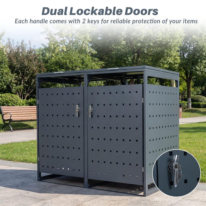 Outdoor Metal Garbage Bin Storage Shed for 2 Trash Cans, 44 Cu.Ft Double Trash Can Enclosure w/ Gas Struts - Product image 7