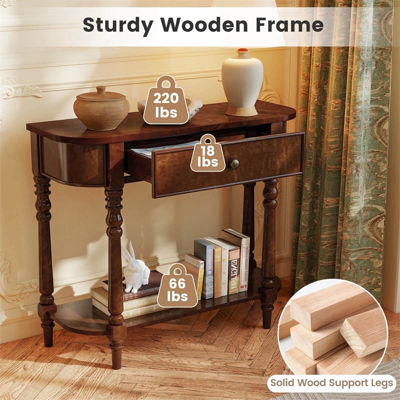 36" 2-Tier Retro Console Table with Storage Drawer & Open Shelf, Solid Wood Narrow Entryway Sofa Table for - Product image 9