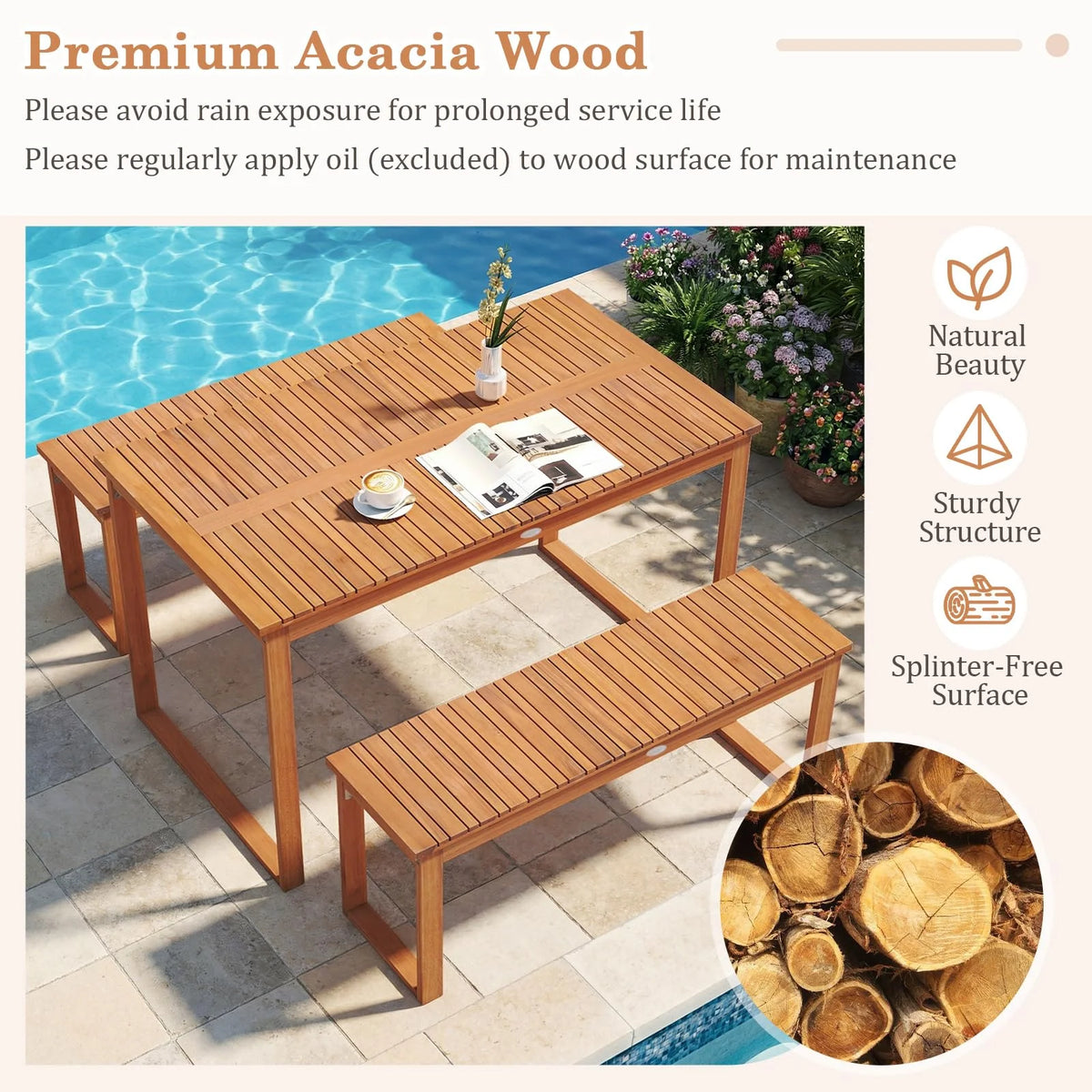 Tangkula Rectangular Acacia Wood Patio Dining Table with Slatted Tabletop (49" x 27.5")