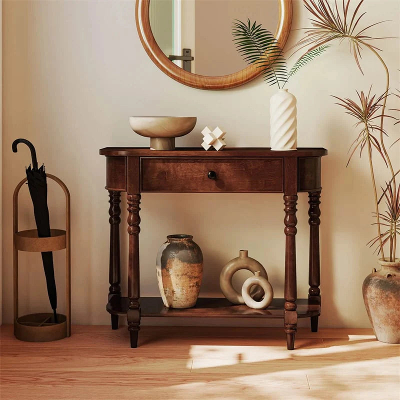 36" 2-Tier Retro Console Table with Storage Drawer & Open Shelf, Solid Wood Narrow Entryway Sofa Table for - Product image 4