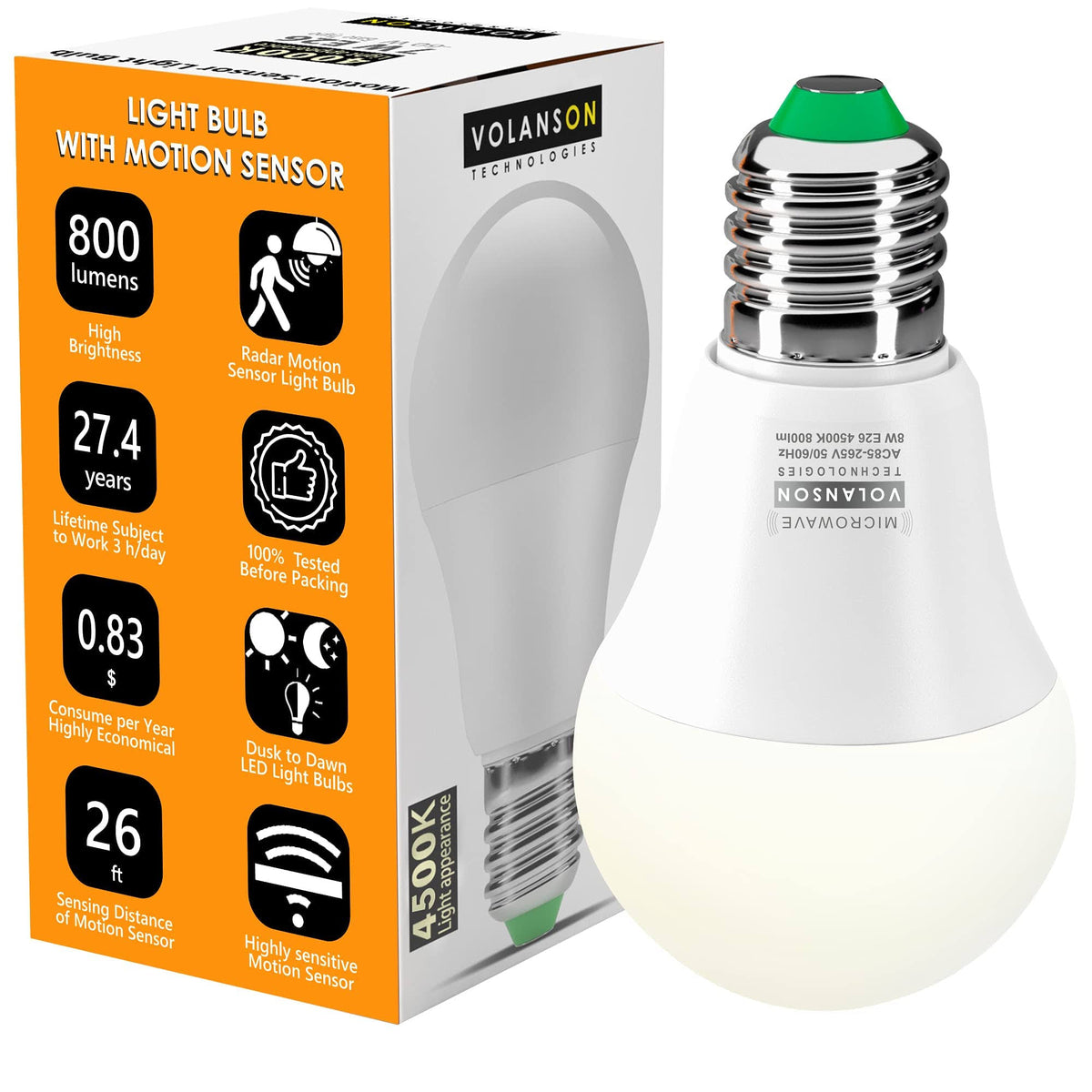 VOLANSON Motion Sensor Light Bulb Radar - 800lm Daylight Outdoor Indoor - Product image 1