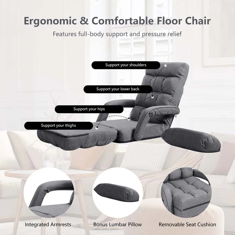 Folding Lazy Sofa Floor Chair with 6-Position Adjustable Backrest, Lumbar Pillow & Armrests - Product image 14