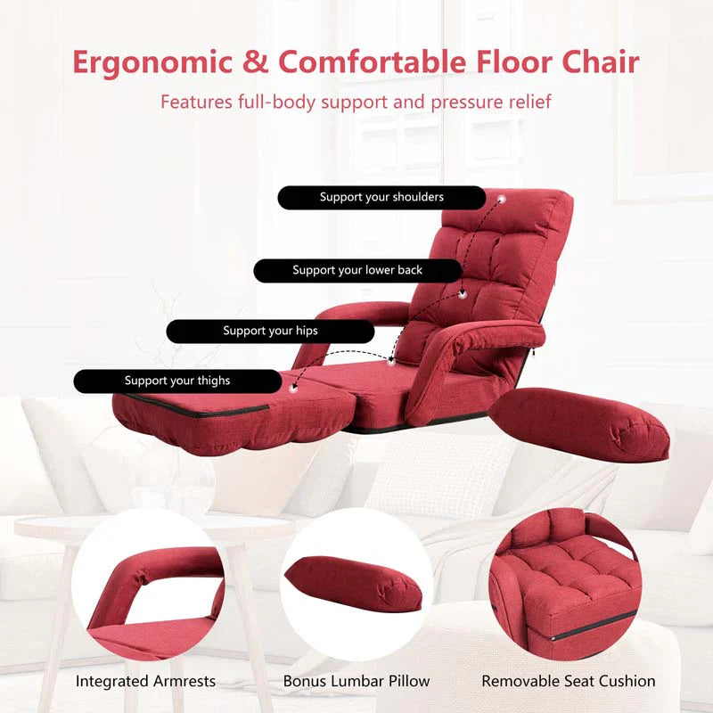 Folding Lazy Sofa Floor Chair with 6-Position Adjustable Backrest, Lumbar Pillow & Armrests - Product image 23