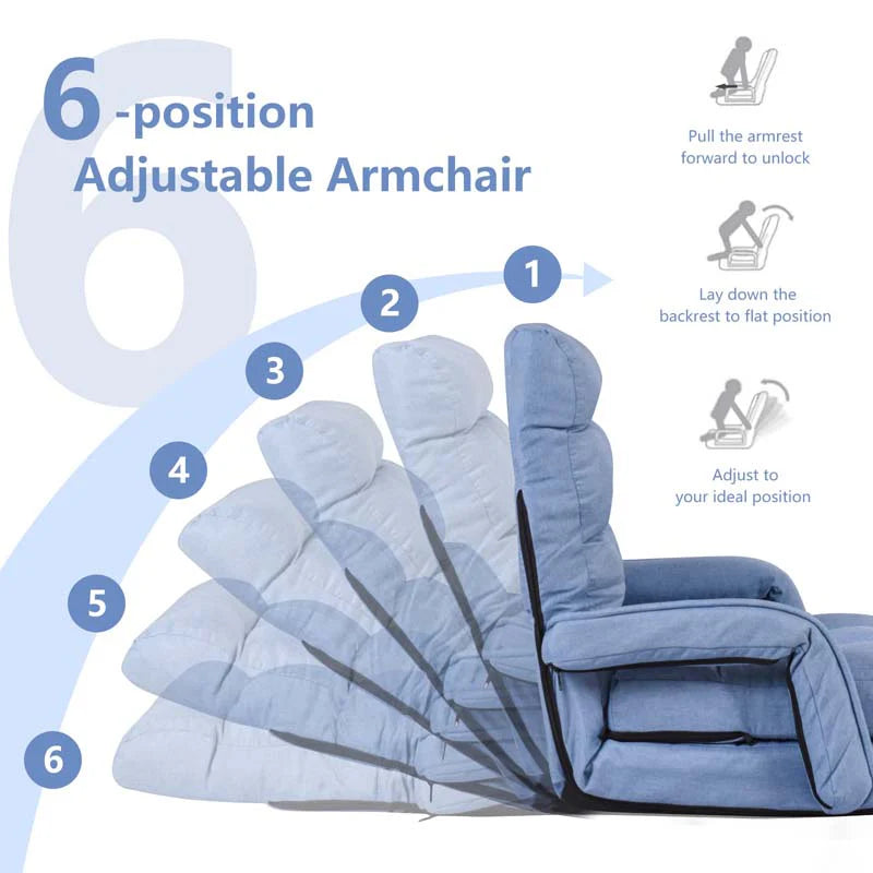 Folding Lazy Sofa Floor Chair with 6-Position Adjustable Backrest, Lumbar Pillow & Armrests - Product image 31