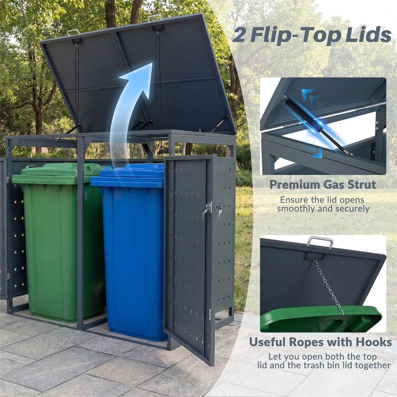 Outdoor Metal Garbage Bin Storage Shed for 2 Trash Cans, 44 Cu.Ft Double Trash Can Enclosure w/ Gas Struts - Product image 9