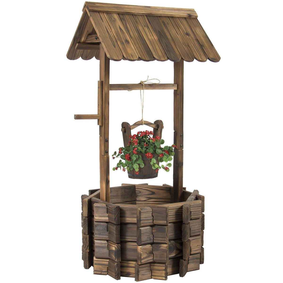 Best Choice Products Wooden Wishing Well Bucket Flower Planter Patio Garden Outdoor Home Decor, Brown - Product image 1